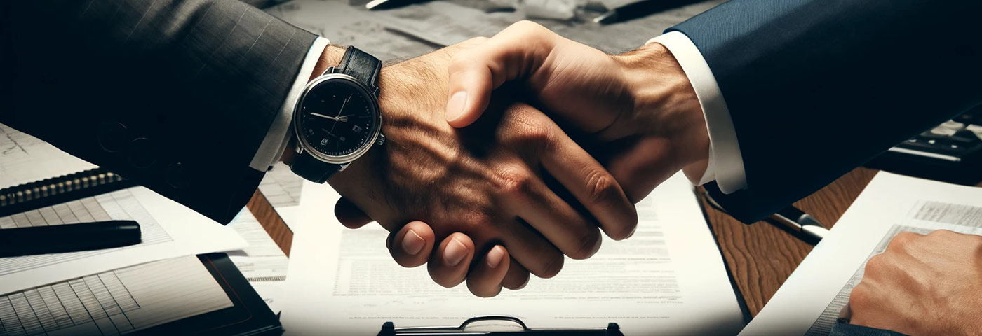 Two business people shaking hands in agreement for commercial collections.