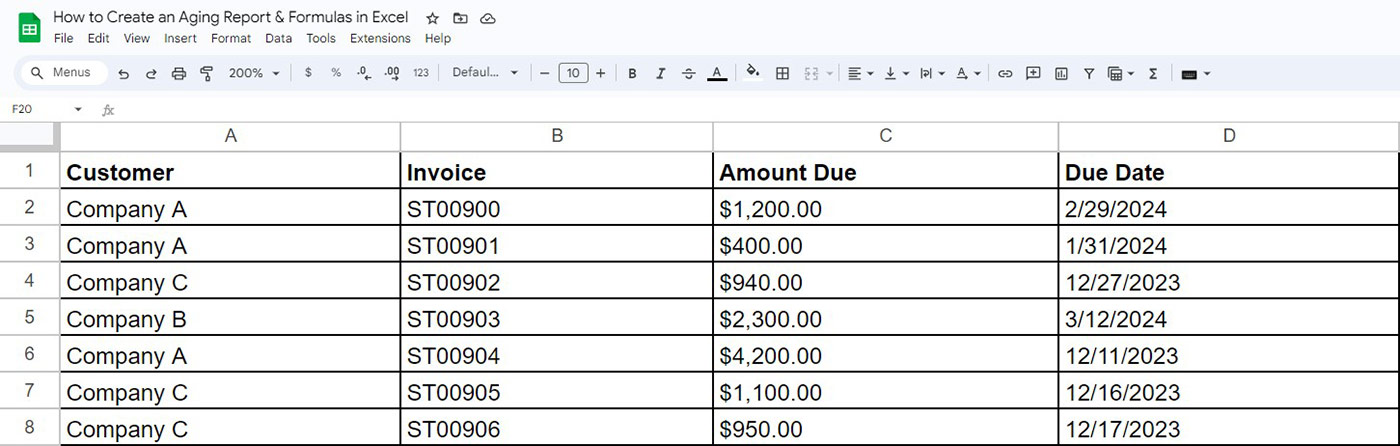 Step 1: Add data for Excel Aging Report creation.