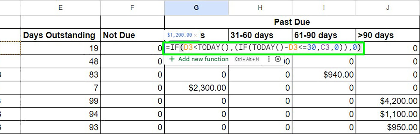 Step 4 in Excel Aging Report: Use Formulas to Analyze Aging - Identify unpaid invoices for individuals or companies.