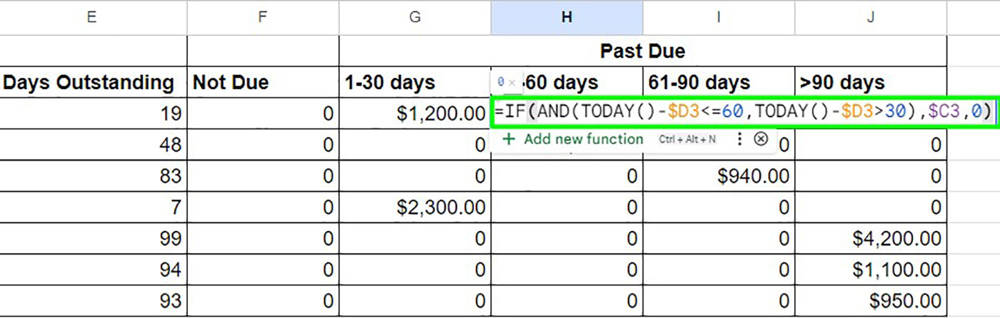 Excel Aging Report Step 5: Apply Formulas for Analysis - Identify overdue invoices for individuals or companies.