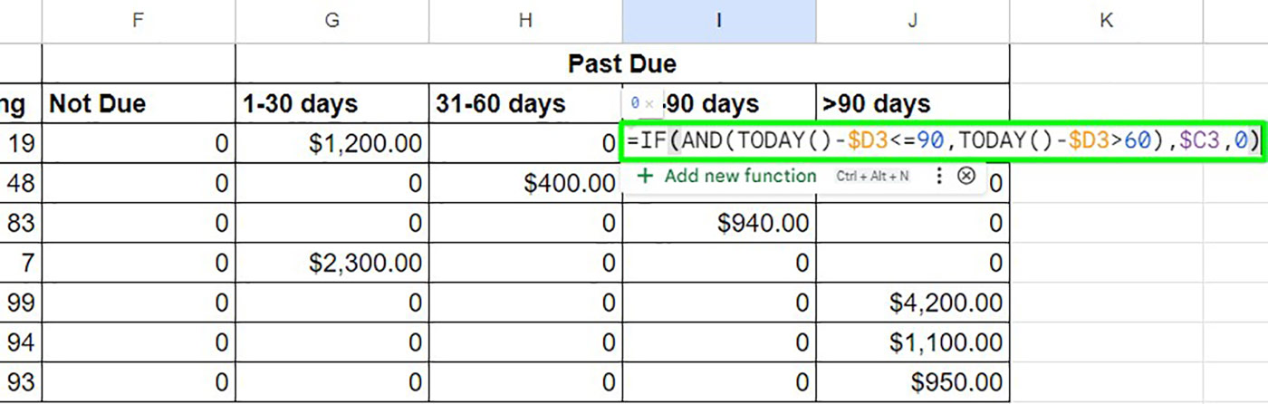 Efficient Aging Report in Excel Step 6: Utilize formulas to track overdue payments accurately.