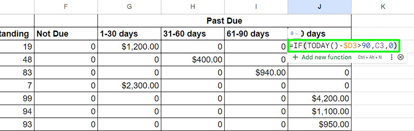 Excel Aging Report Step 7: Use formulas to analyze unpaid invoices by client.